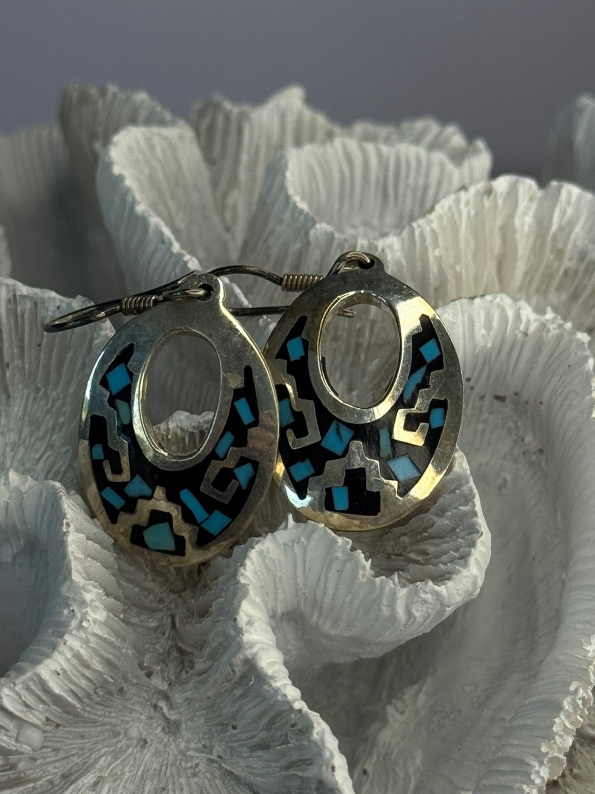 Vintage 925 Sterling Silver Onyx & Turquoise Earrings Length 1.90 Inch