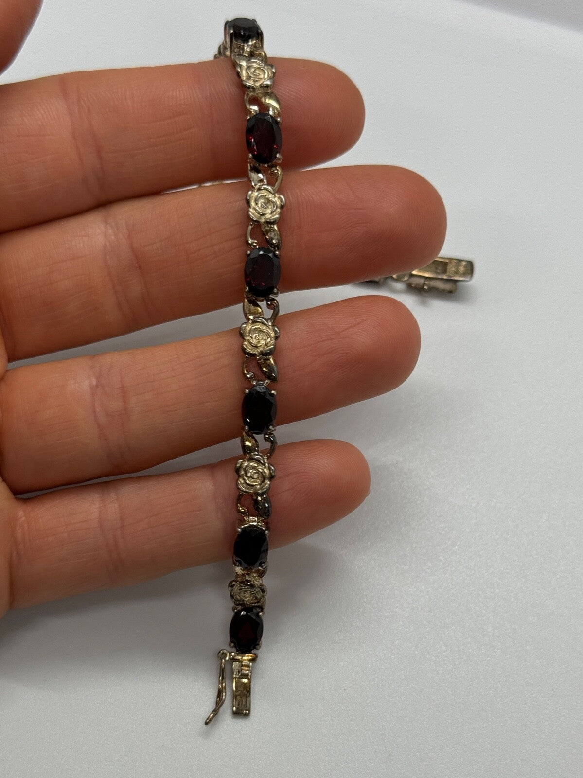 925 Sterling Silver Garnet Flowers Bracelet