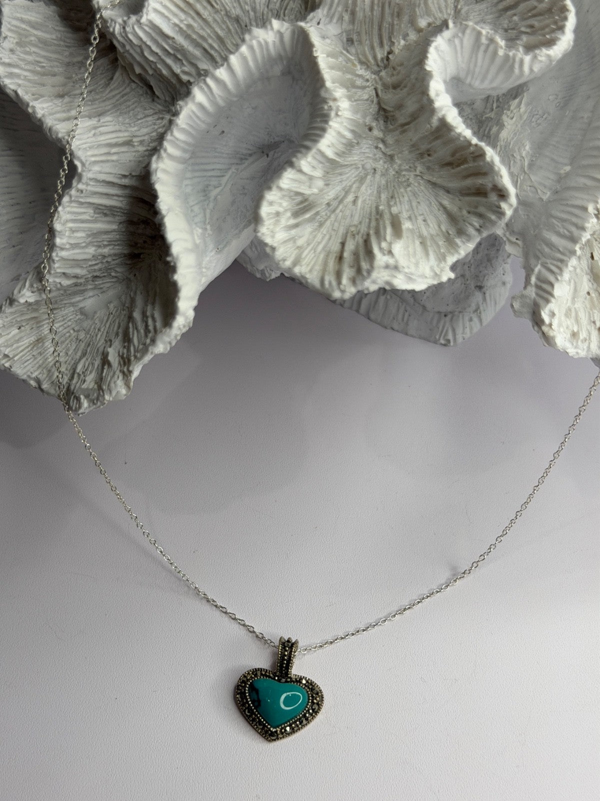 925 Sterling Silver Turquoise & Marcasite Heart Necklace
