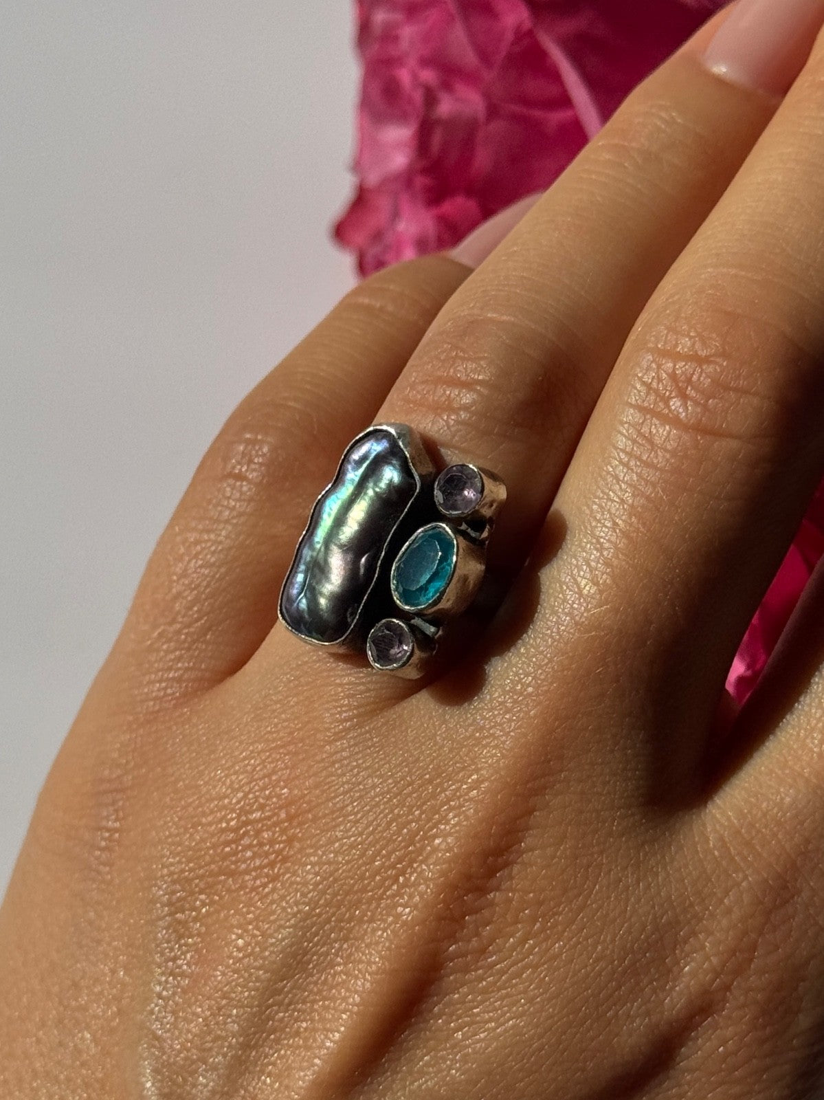 925 Sterling Silver Abalone Amethyst Aquamarine Ring Size 6