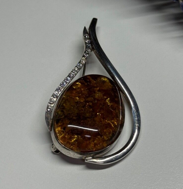 925 Sterling Silver Amber & CZ Brooch