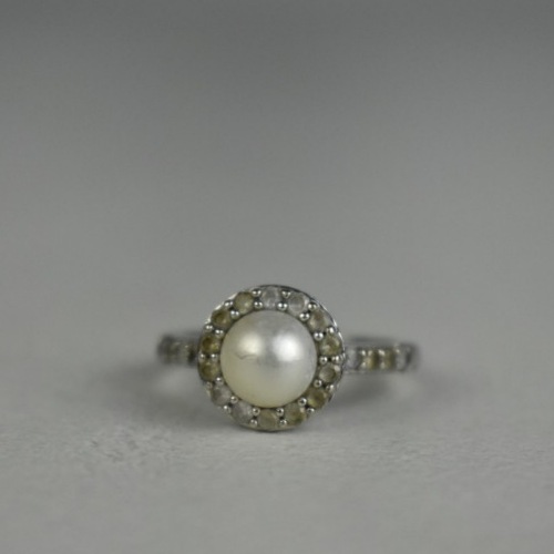 925 Sterling Silver Pearl & Colorless Spinel Ring Size 7