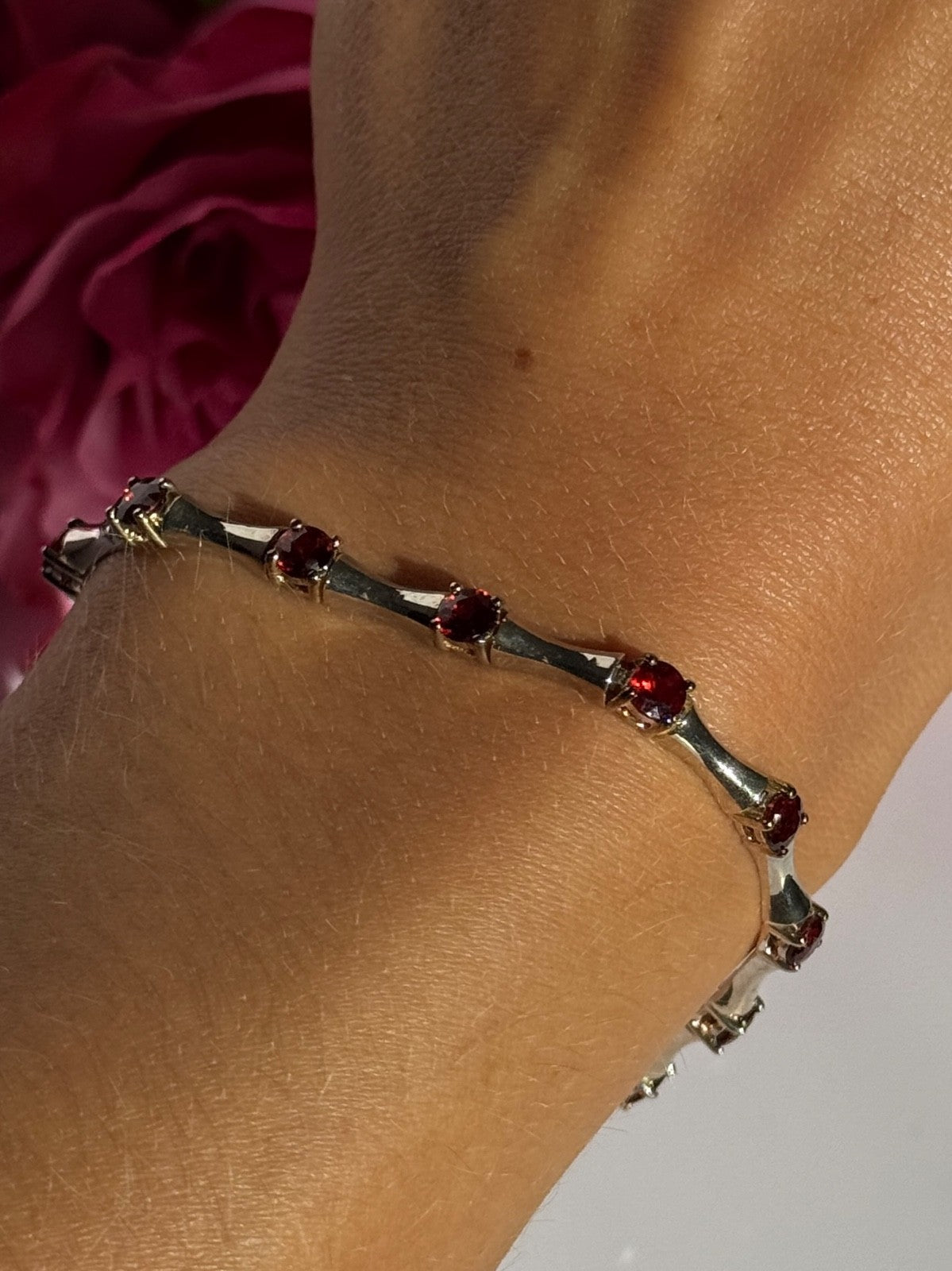 925 Sterling Silver Garnet Bracelet 7 Inch
