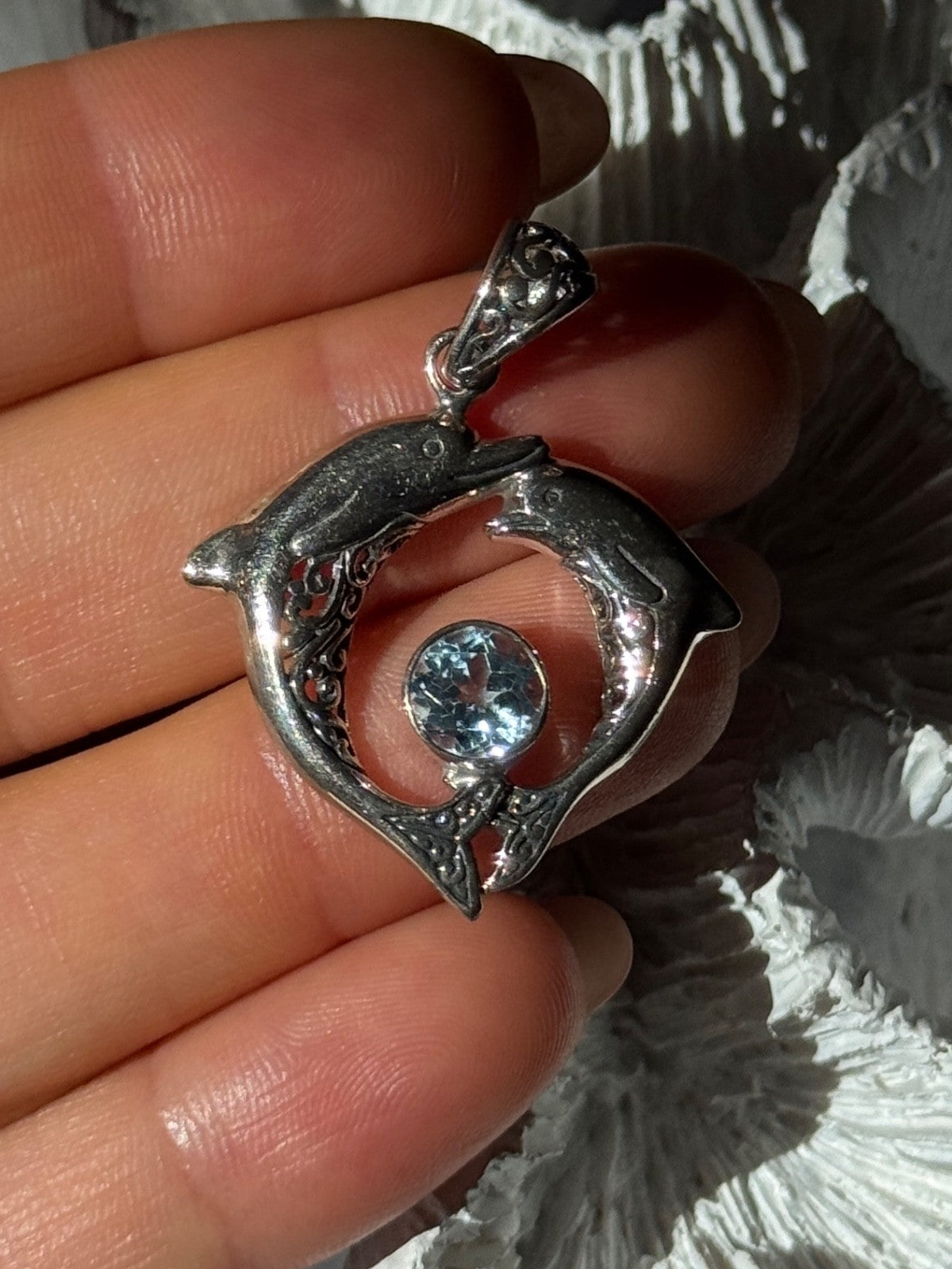 925 Sterling Silver Dolphins Topaz Pendant