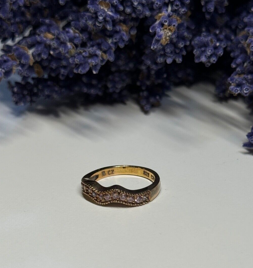 925 Sterling Silver Gold Plated Pink CZ Ring Size 6