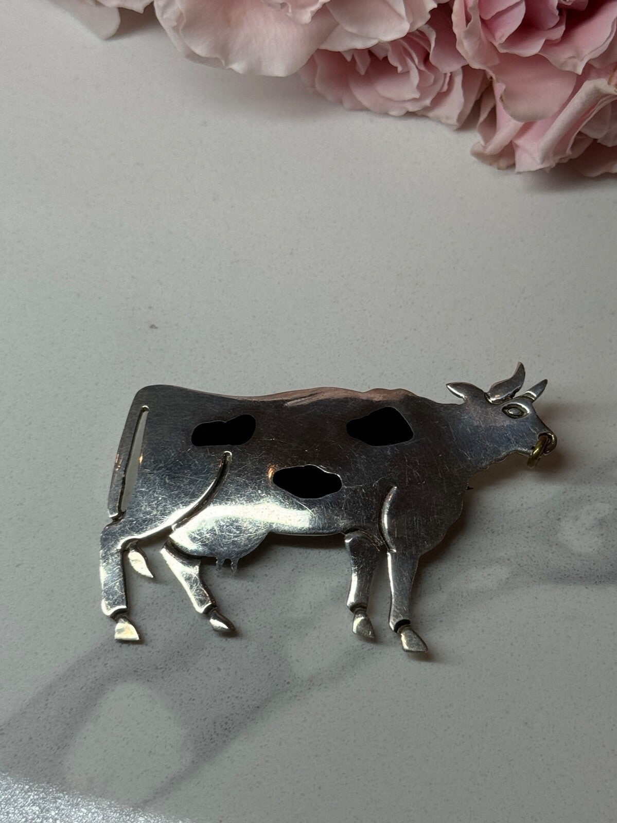 925 Sterling Silver Cow Brooch Length 2.5 In