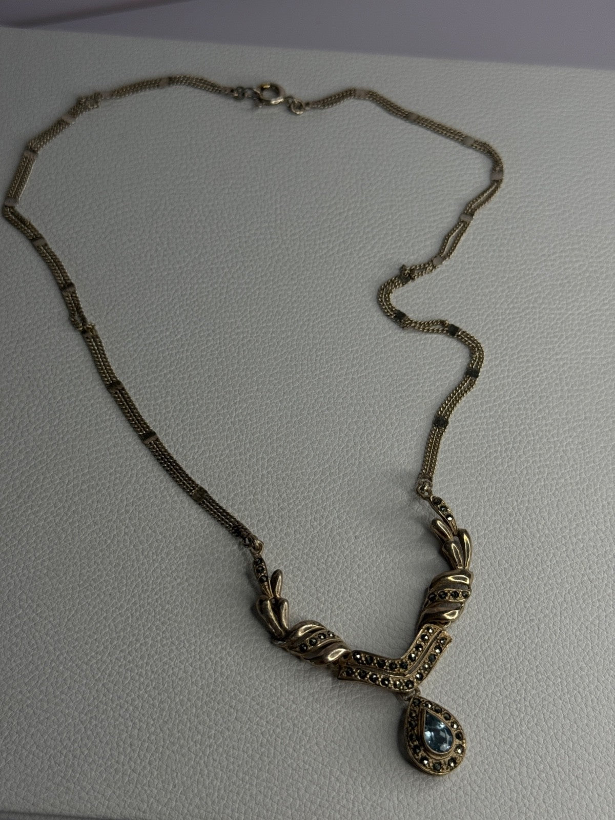 Elegant 925 Sterling Silver Blue Topaz & Marcasite Necklace