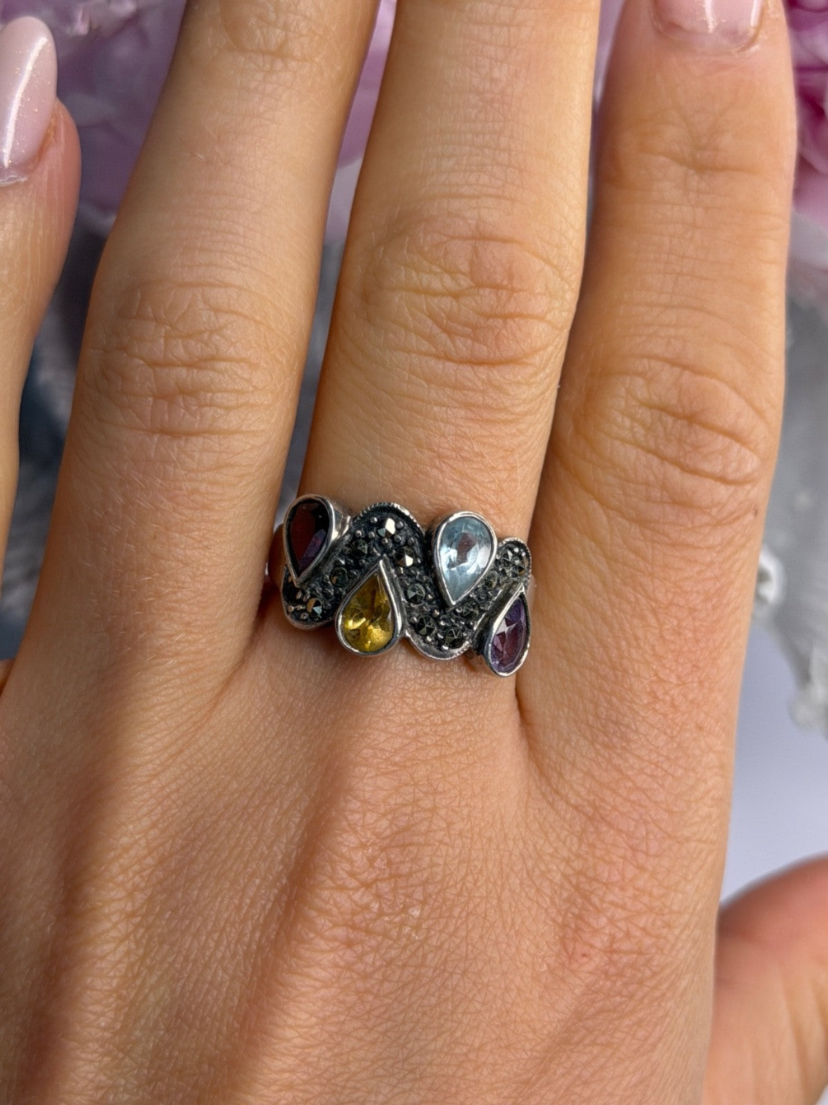925 Sterling Silver Amethyst Topaz Citrine Garnet Ring Size 9