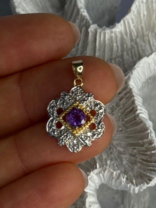 925 Sterling Silver Gold Plated Amethyst Pendant Length 1 Inch
