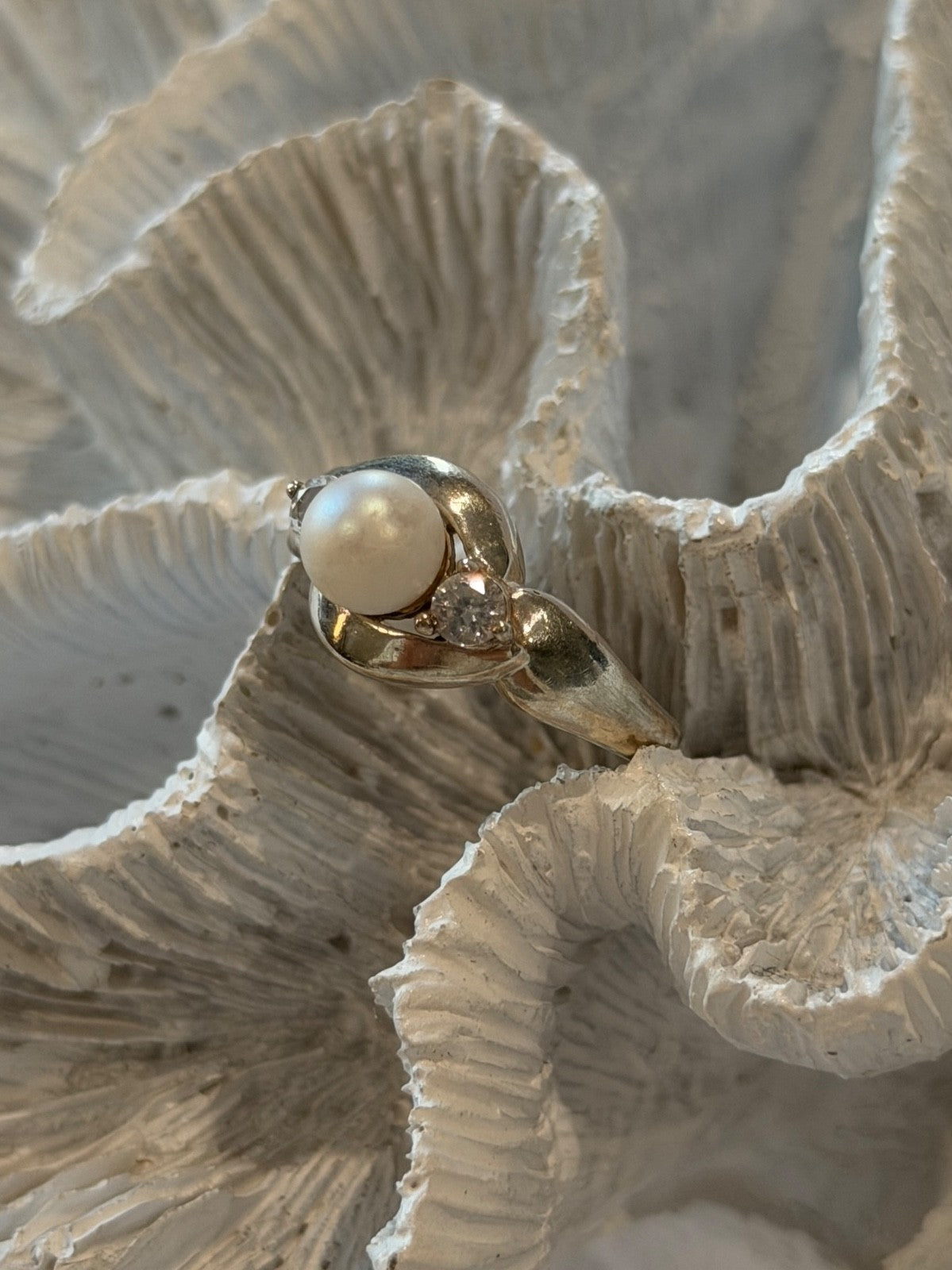 925 Sterling Silver Pearl & Cz Ring Size 8.5