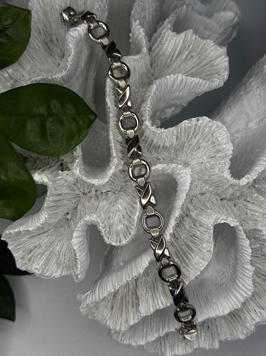 Vintage Design X-shaped & Circular Links 925 Sterling Silver Bracelet 7.5