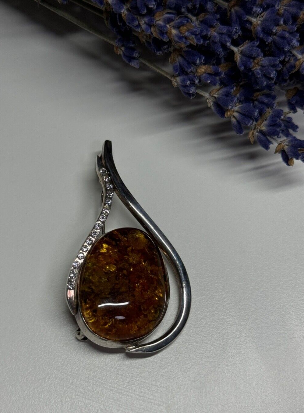 925 Sterling Silver Amber & CZ Brooch