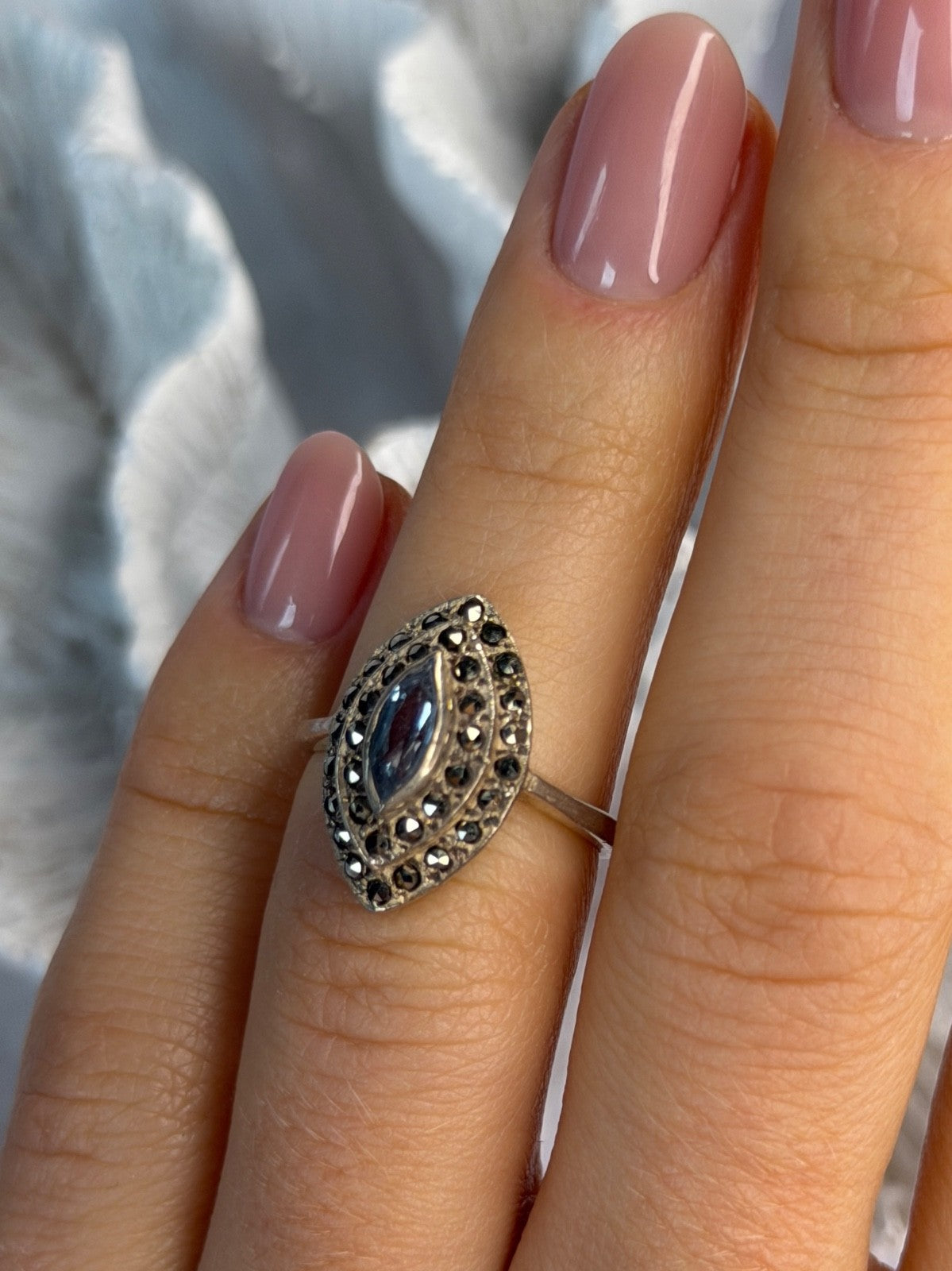 925 Sterling Silver Topaz & Marcasites Ring Size 5.5