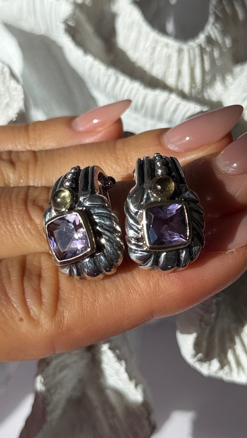 925 Sterling Silver Amethyst & Amber Clip Earrings