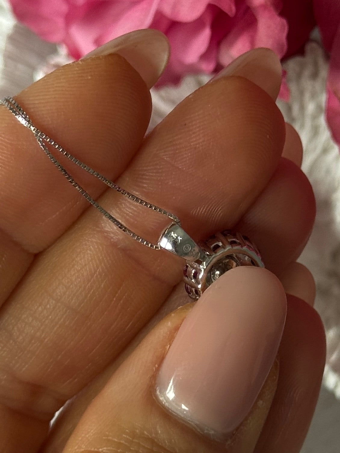 14K White Gold Diamond & Ruby Flower Necklace Length 18 inch