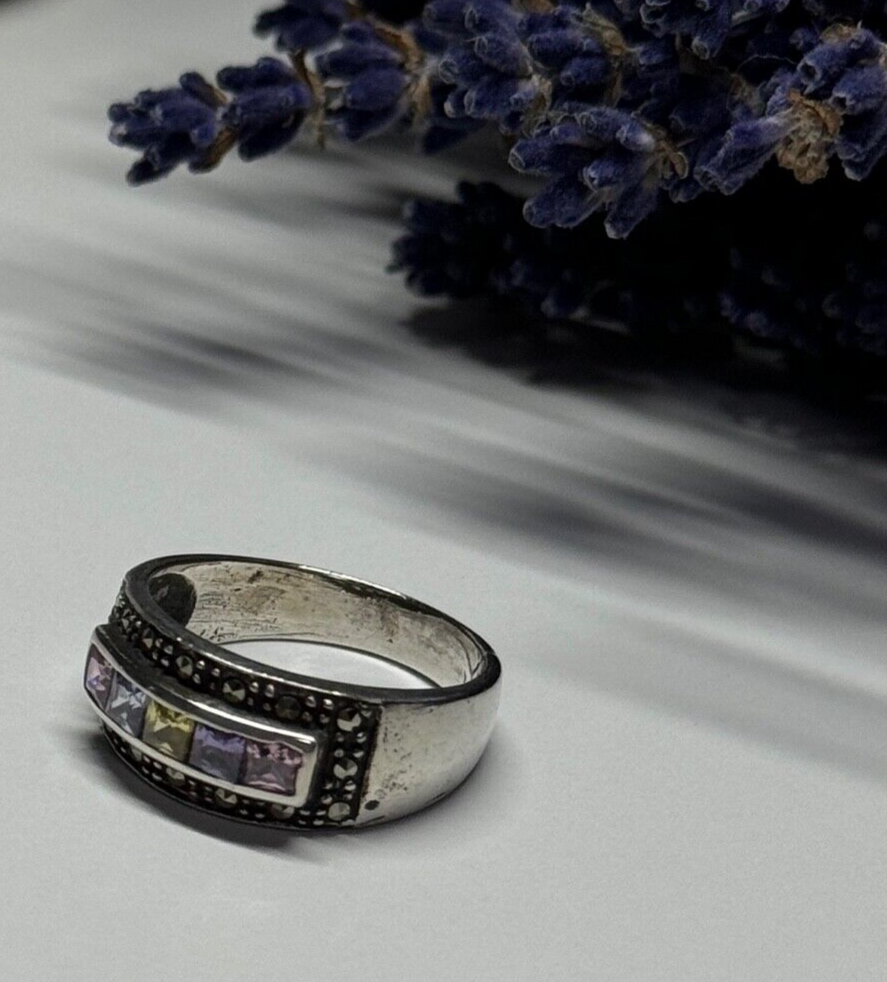 Vintage 925 Sterling Silver Tourmalines & Marcasite Ring Size 8