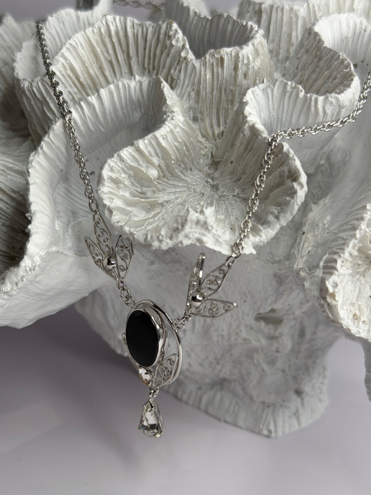 Elegant 925 Sterling Silver Onyx & White Sapphire Necklace