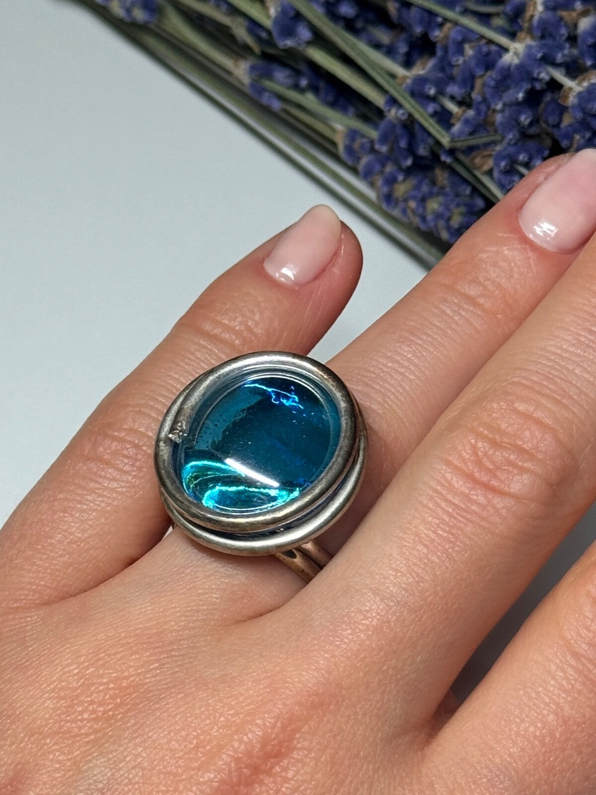 Modern Art Design Blue CZ Ring Size 6