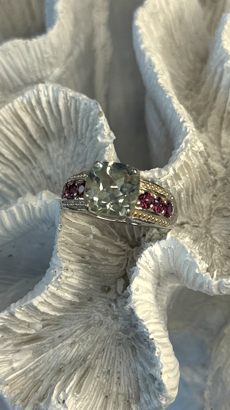 925 Sterling Silver Cushion-Cut Aquamarine & Pink Tourmaline Ring Size 9