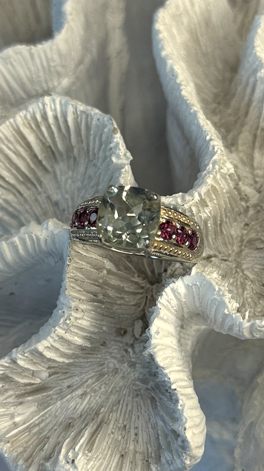 925 Sterling Silver Cushion-Cut Aquamarine & Pink Tourmaline Ring Size 9