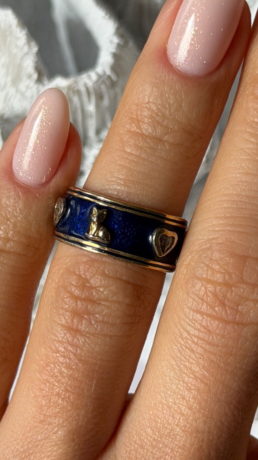 925 Sterling Silver Gold Plated Blue Enamel Cats Ring Size 6