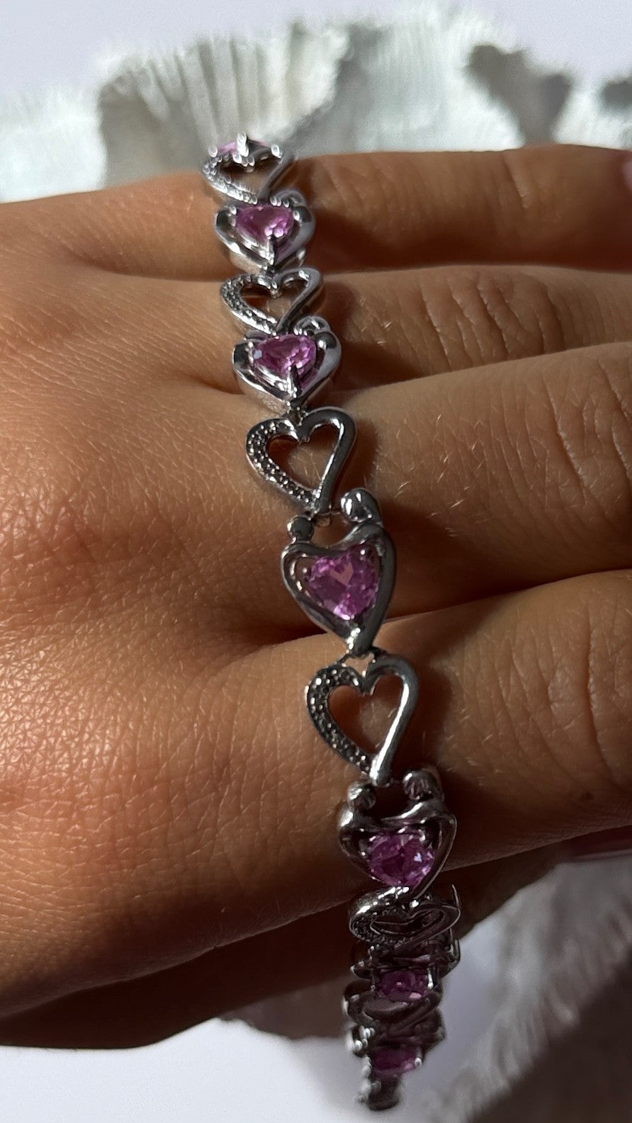925 Sterling Silver Pink Sapphire Heart Bracelet Length 7.5