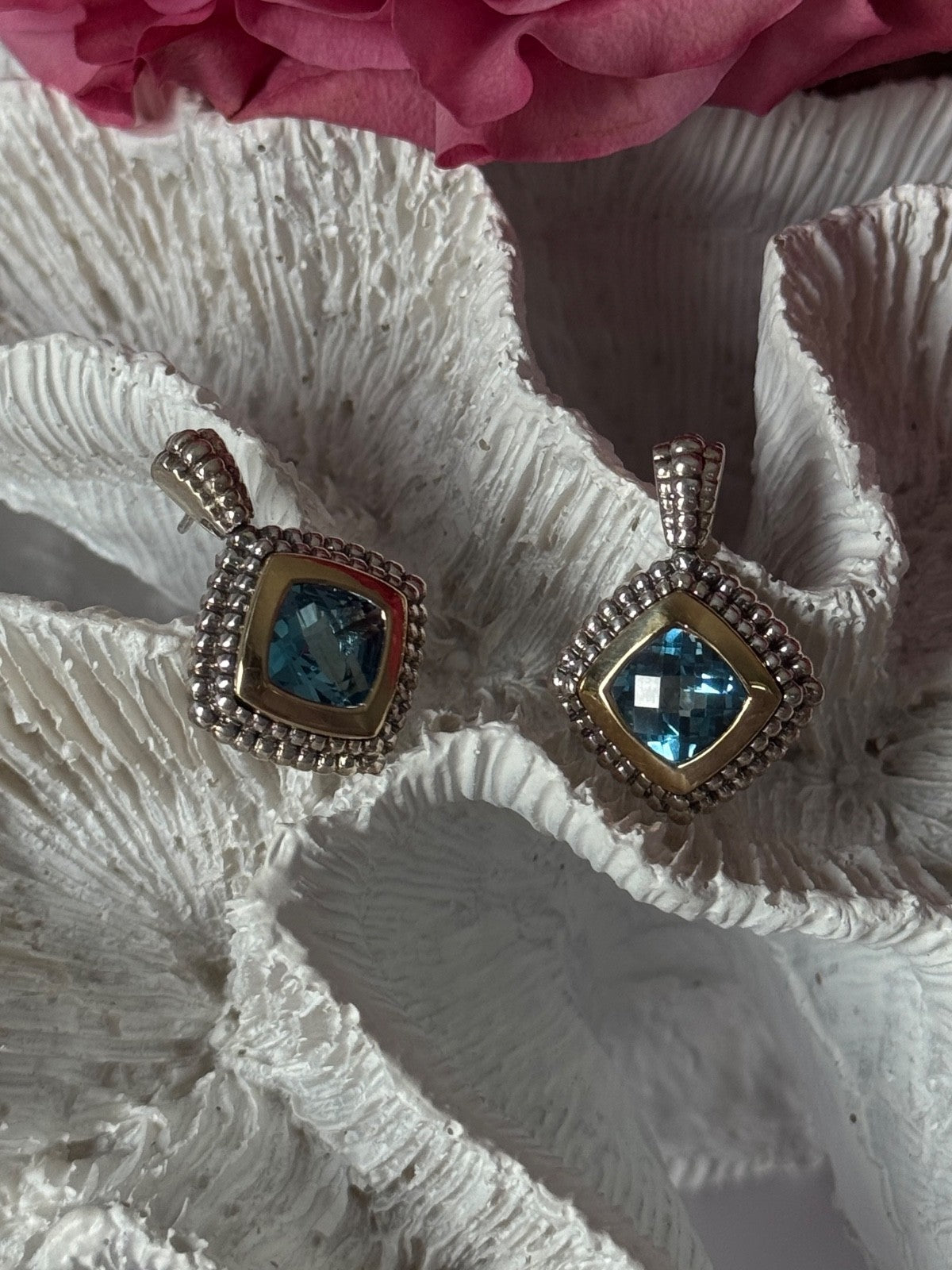 14K Yellow Gold & 925 Sterling Silver Blue Topaz Earrings