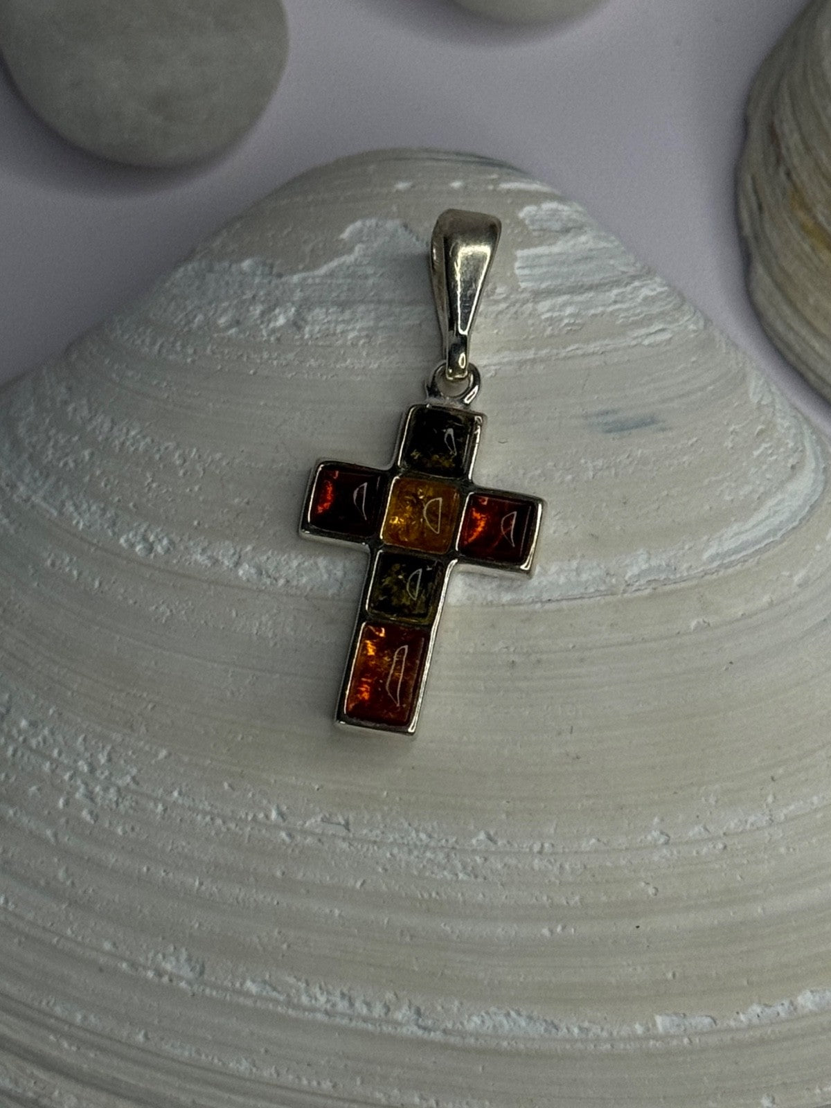 925 Sterling Silver Amber Cross Pendant Length 1.50 Inch