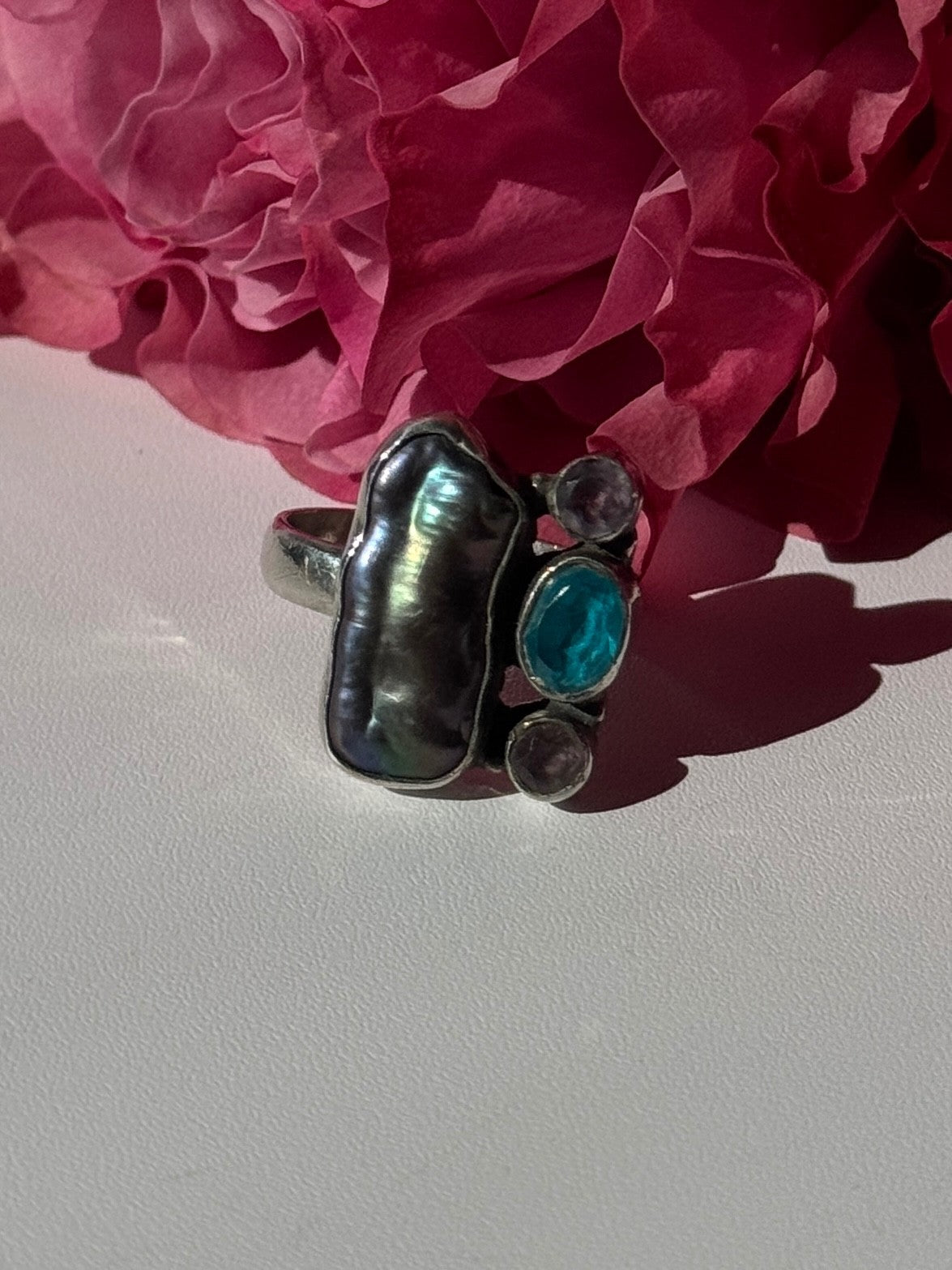 925 Sterling Silver Abalone Amethyst Aquamarine Ring Size 6