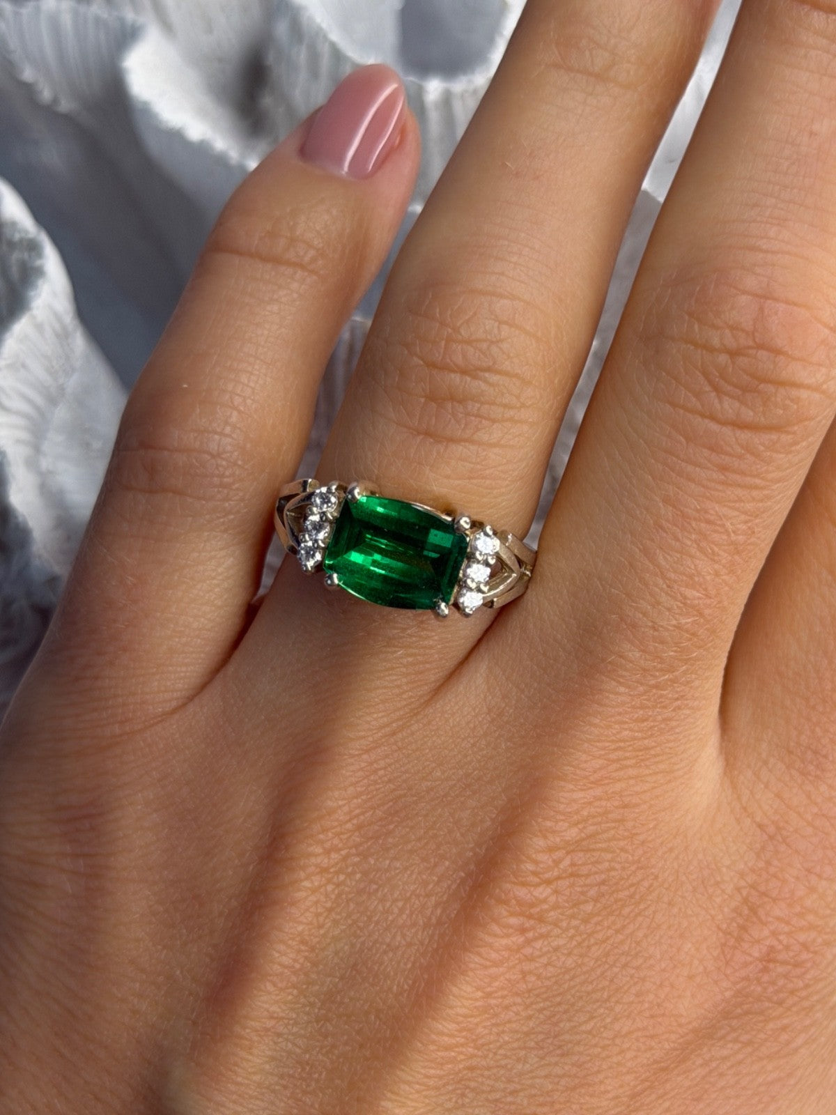 925 Sterling Silver Green Crystal & Cz Ring Size 7