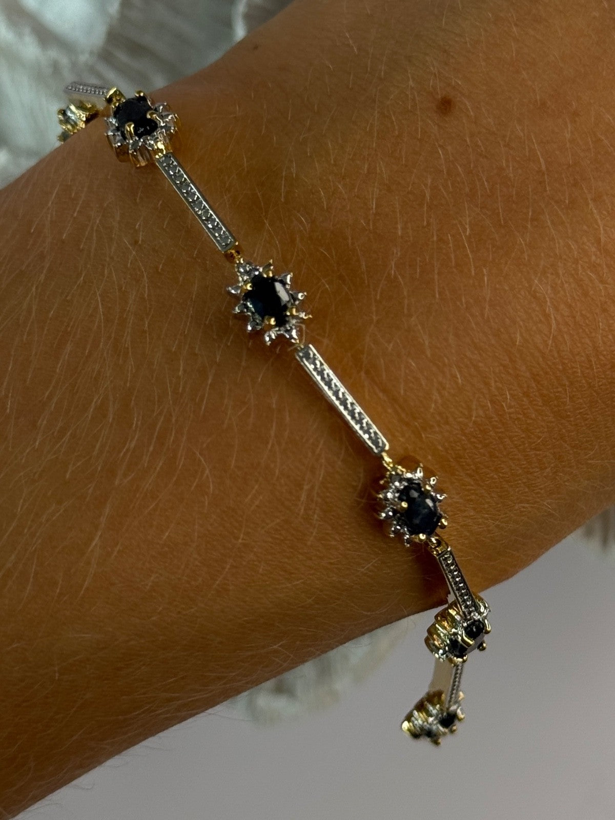 925 Sterling Silver Gold Plated Sapphire Bracelet Length 7