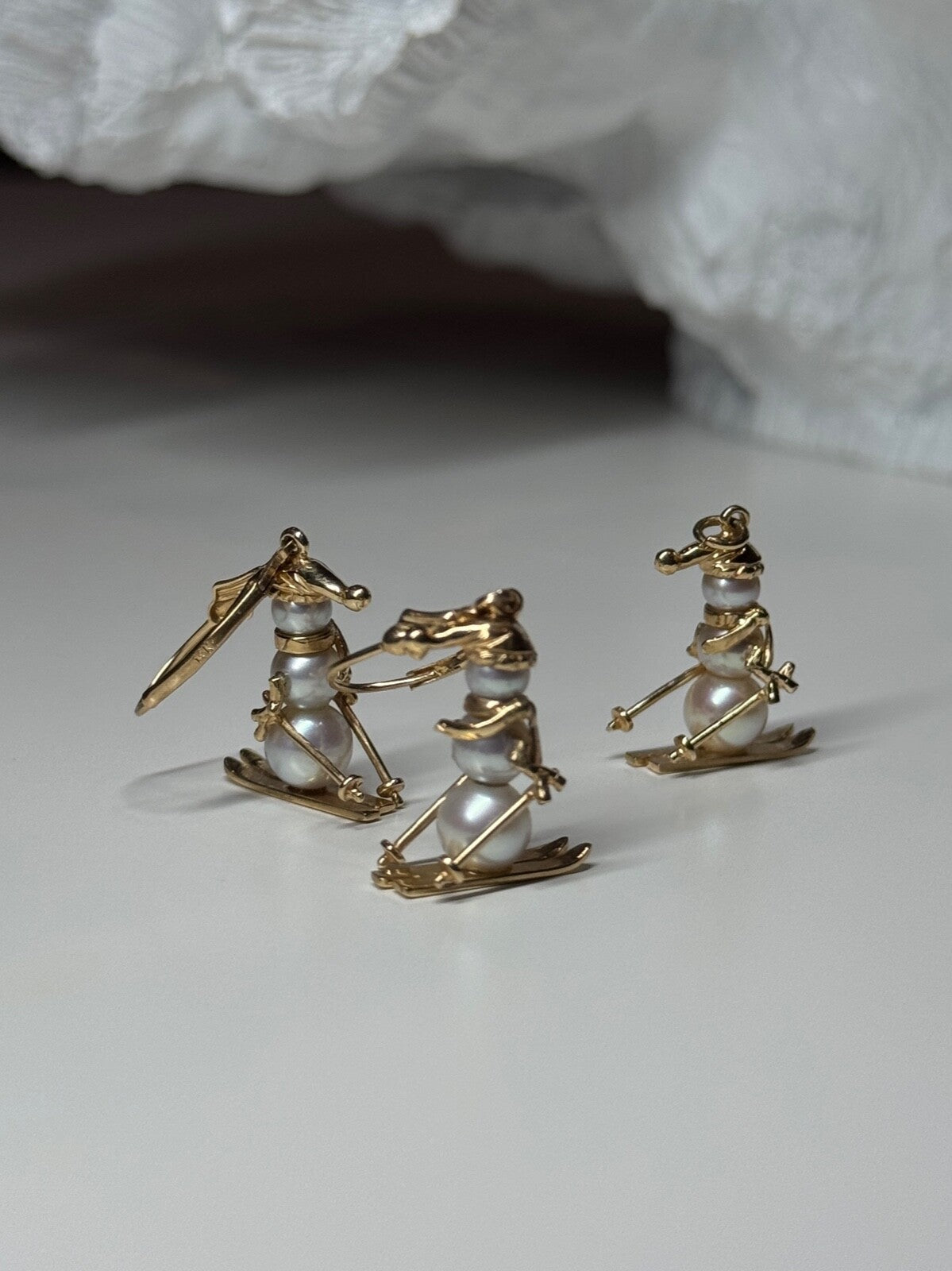 14K Yellow Gold Pearls Earrings & Pendant Skiing Snowmens ON Skis