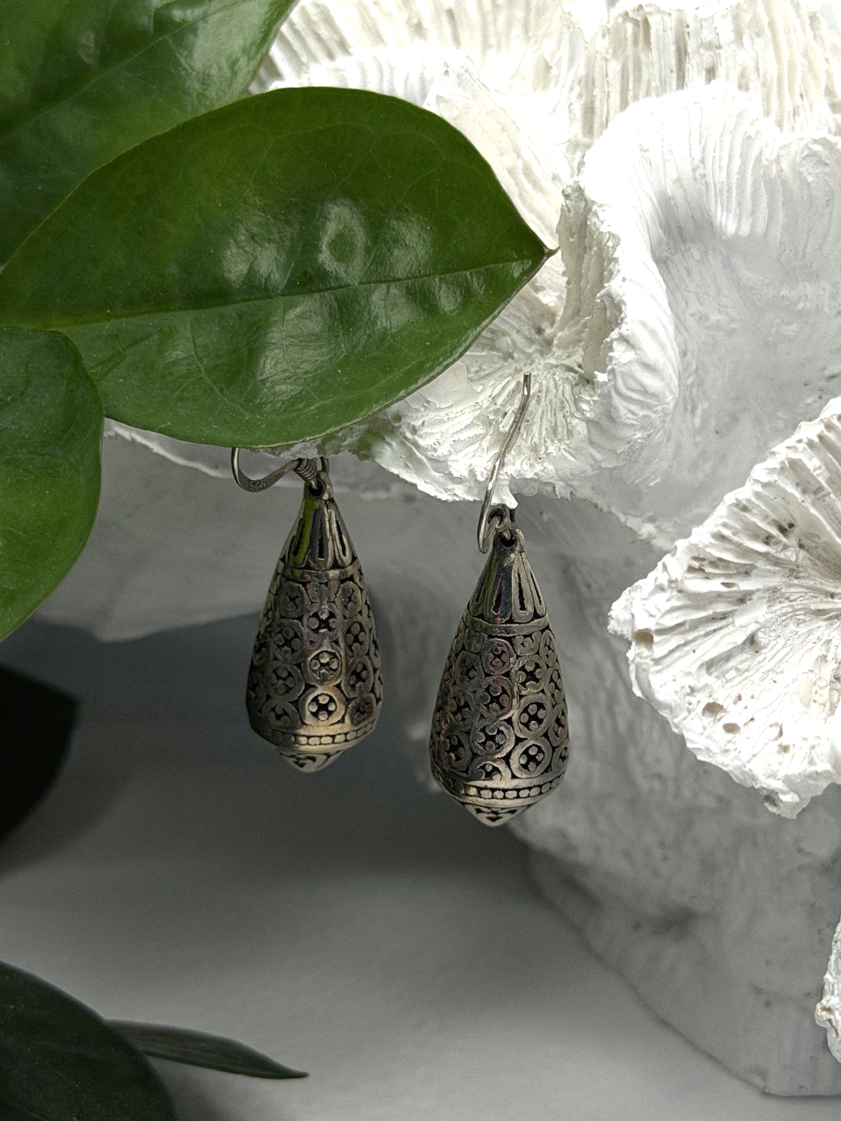 Filigree Teardrop Dangle 925 Sterling Silver Earrings