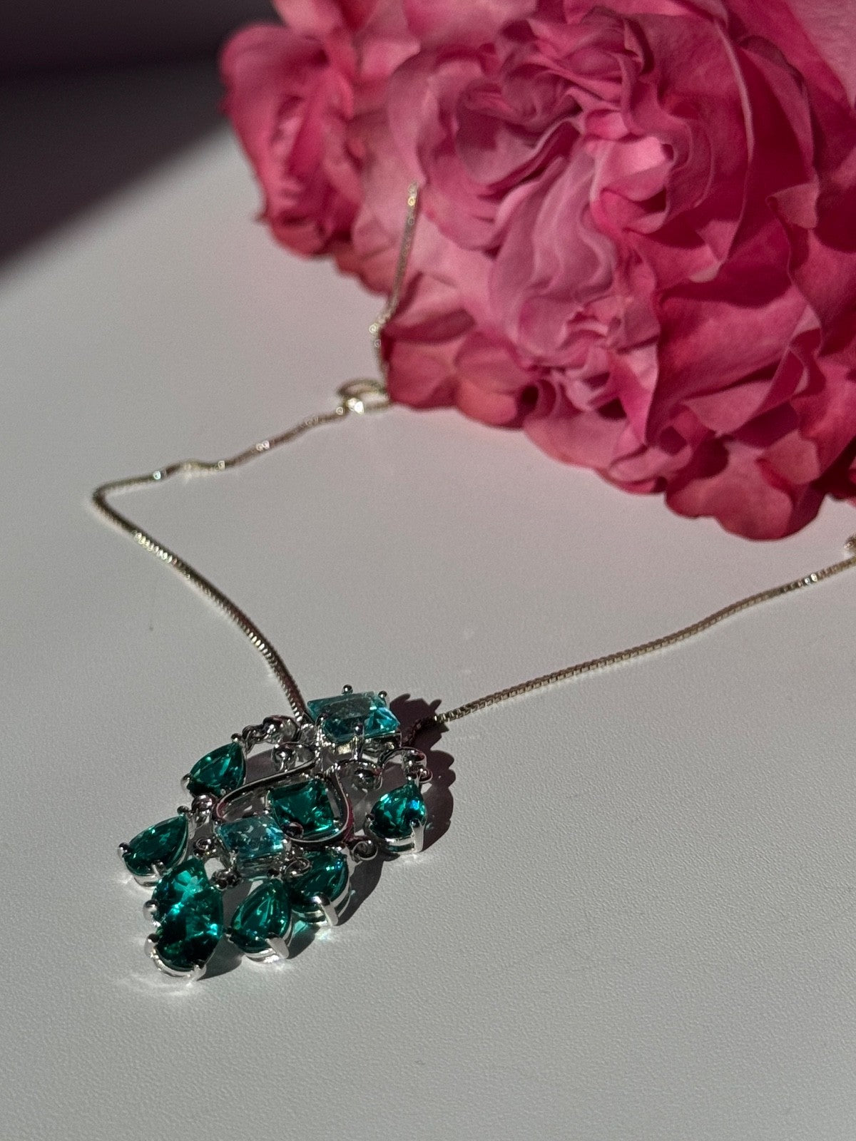 925 Sterling Silver Aquamarine & Emerald Necklace Length 17 Inch