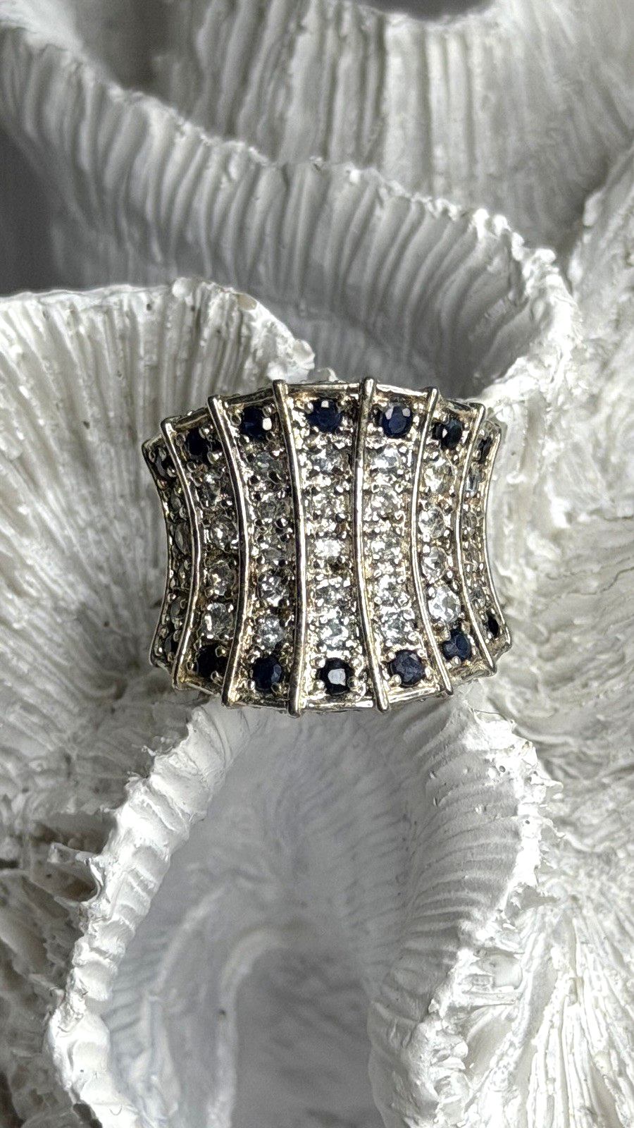 925 Sterling Silver Blue Sapphires & Clear Topaz Stones Ring Size 6