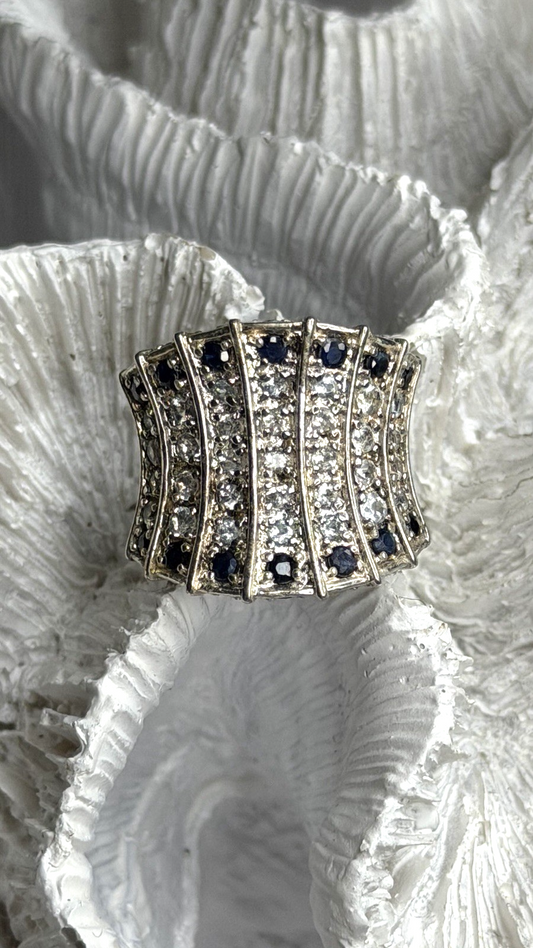 925 Sterling Silver Blue Sapphires & Clear Topaz Stones Ring Size 6