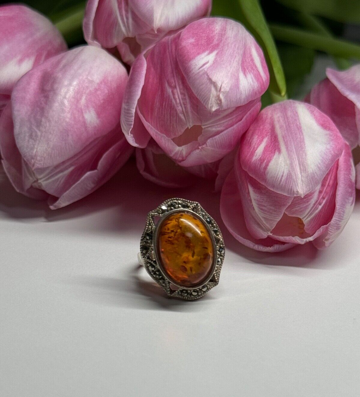 925 Sterling Silver Amber & Marcasite Ring Size 5