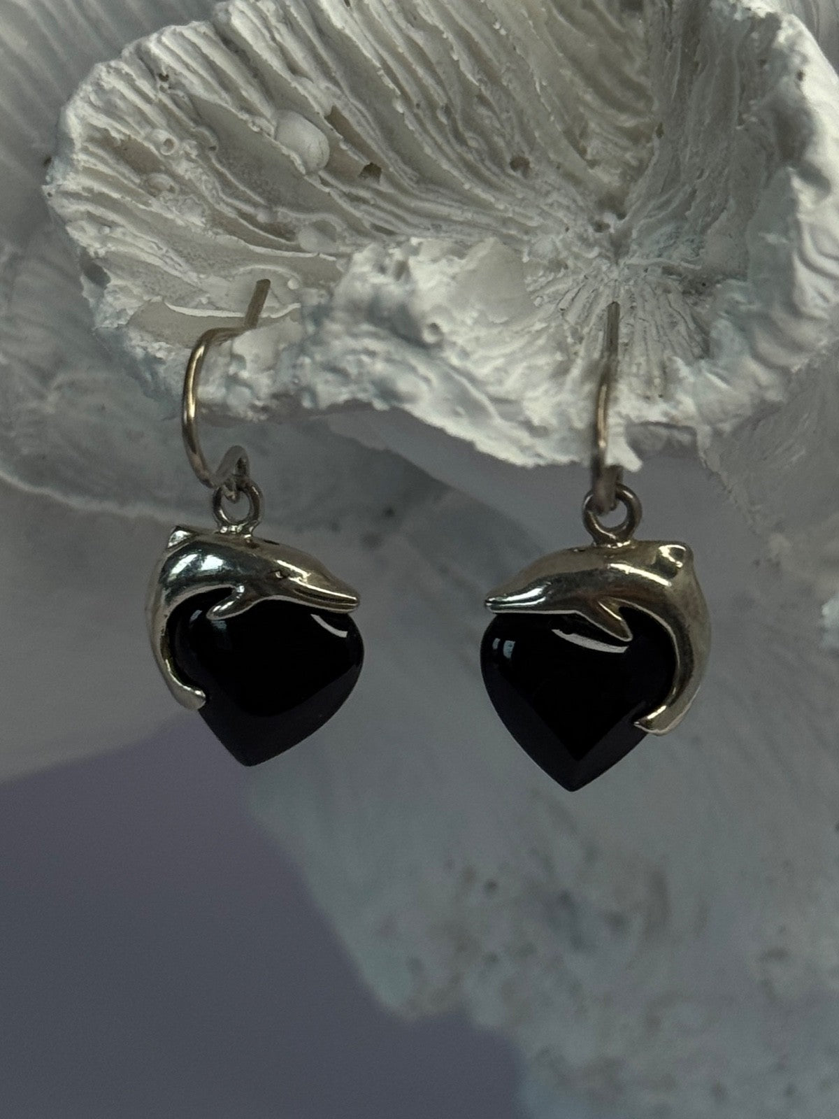 925 Sterling Silver Onyx Heart Dolphin Earrings Length 0.90 Inch