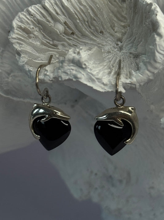 925 Sterling Silver Onyx Heart Dolphin Earrings Length 0.90 Inch