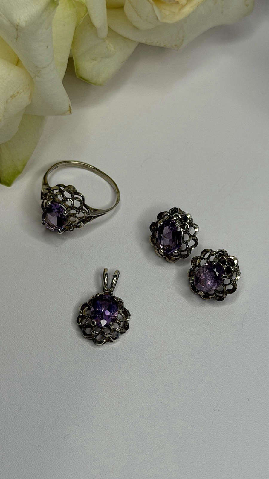 925 Sterling Silver Amethyst Set Floral Filigree Ring Pendant & Earrings