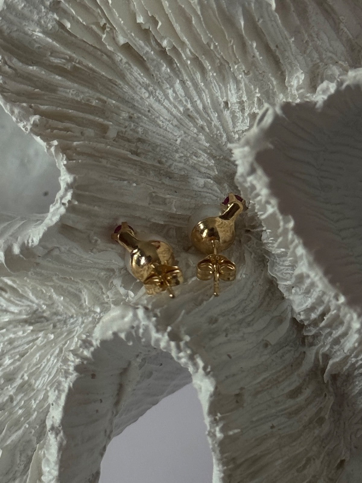 14K Yellow Gold Pearl & Ruby Stud Earrings
