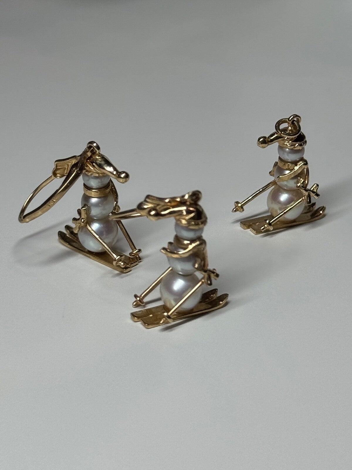 14K Yellow Gold Pearls Earrings & Pendant Skiing Snowmens ON Skis