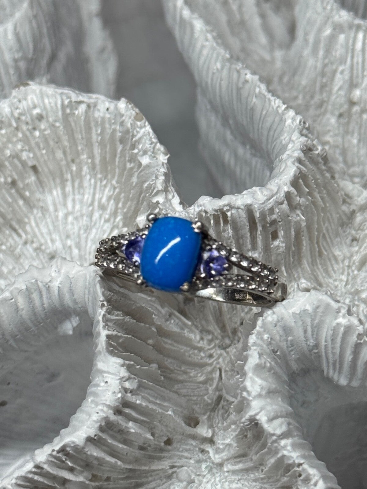 925 Sterling Silver Blue Agate, Tanzanite & Beryl Ring Size 7.5