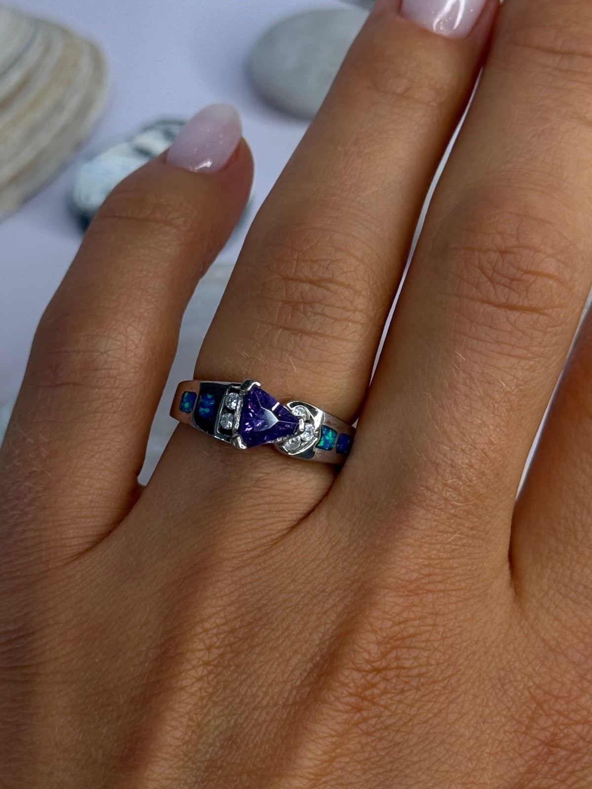 925 Sterling Silver Amethyst & Beryl & Opal Ring Size 6.5