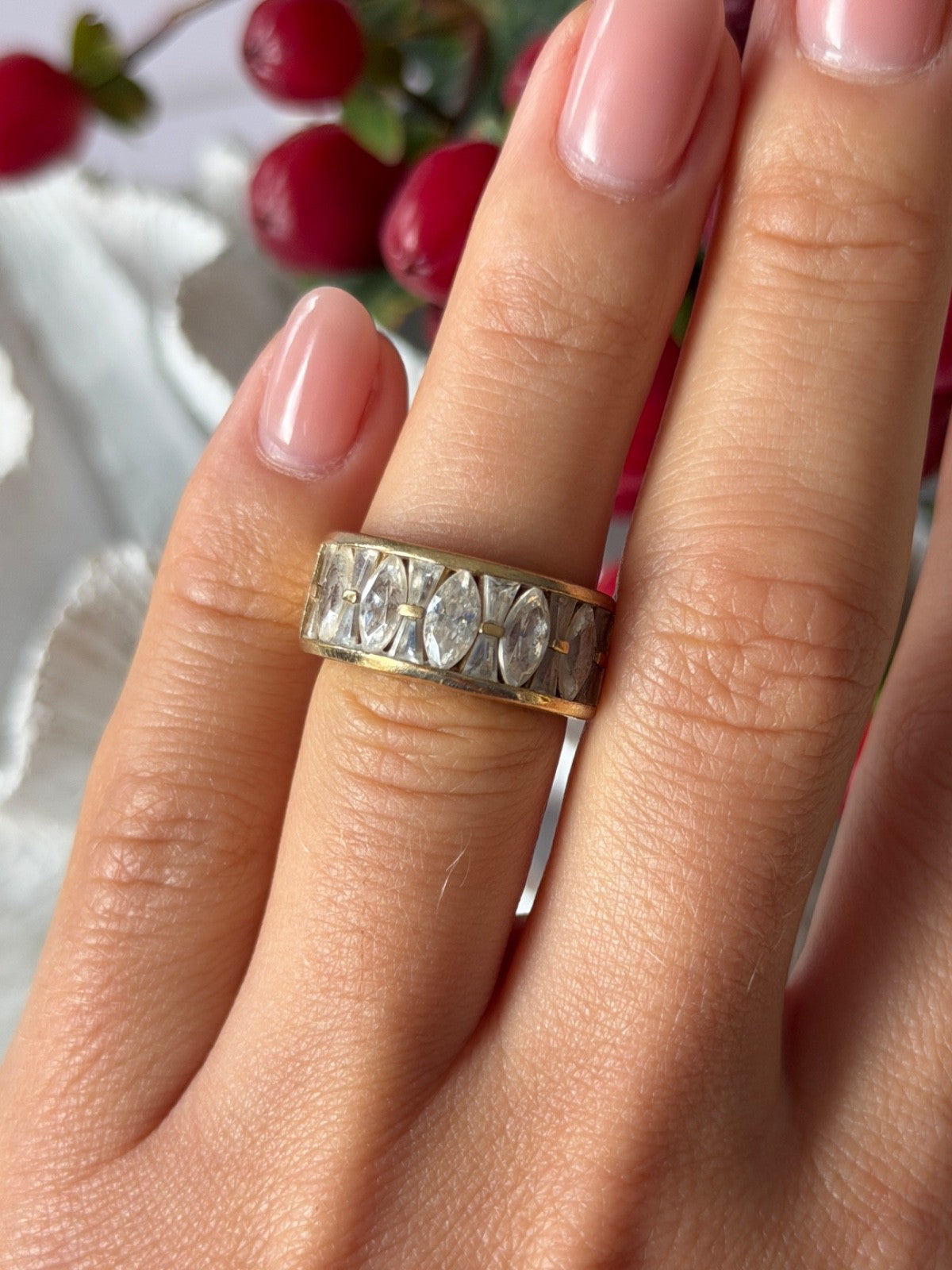 925 Sterling Silver Gold Plated Beryl Ring Size 6