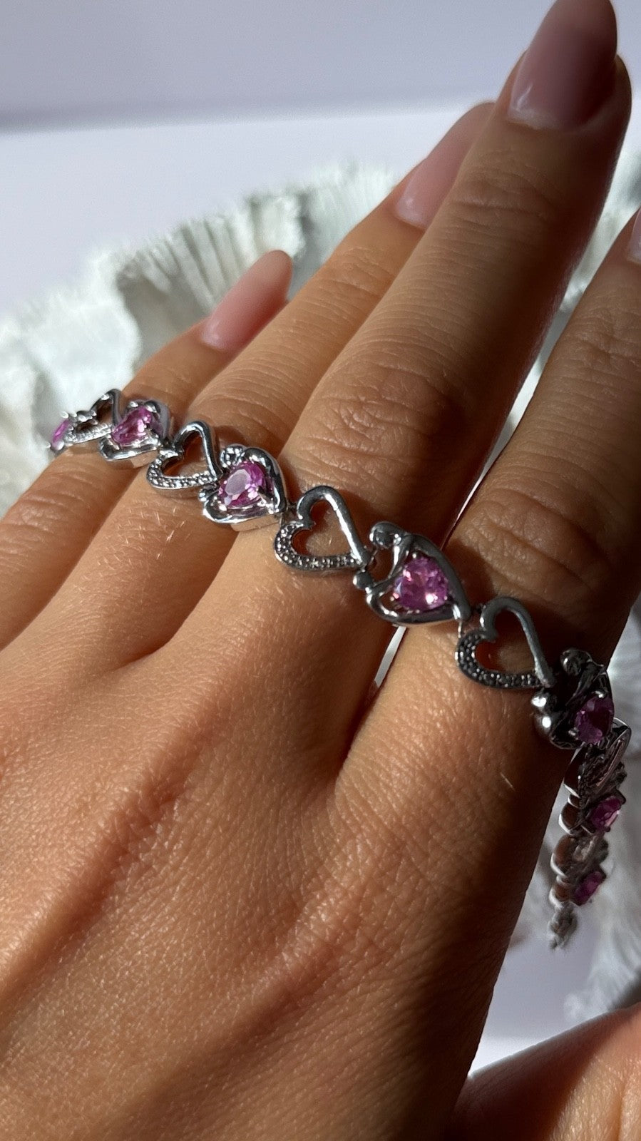 925 Sterling Silver Pink Sapphire Heart Bracelet Length 7.5