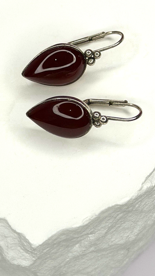 Vintage 925 Sterling Silver Carnelian Teardrop Dangle Earrings