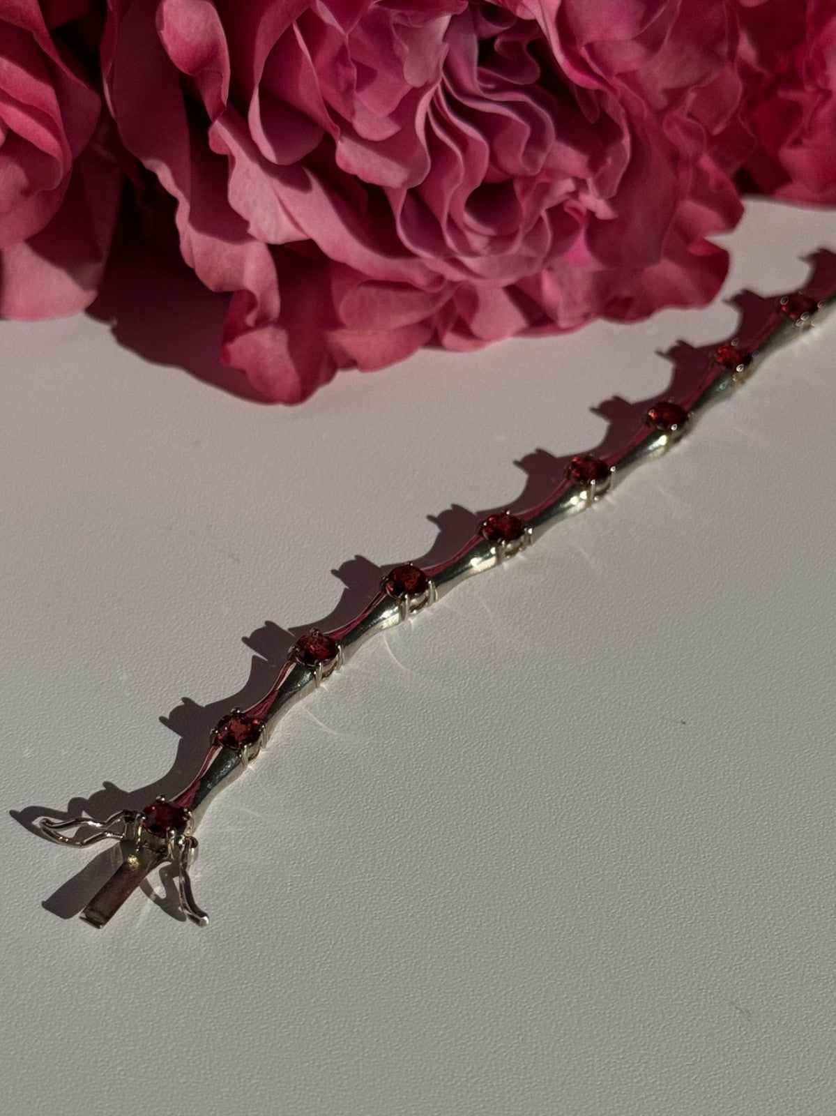 925 Sterling Silver Garnet Bracelet 7 Inch