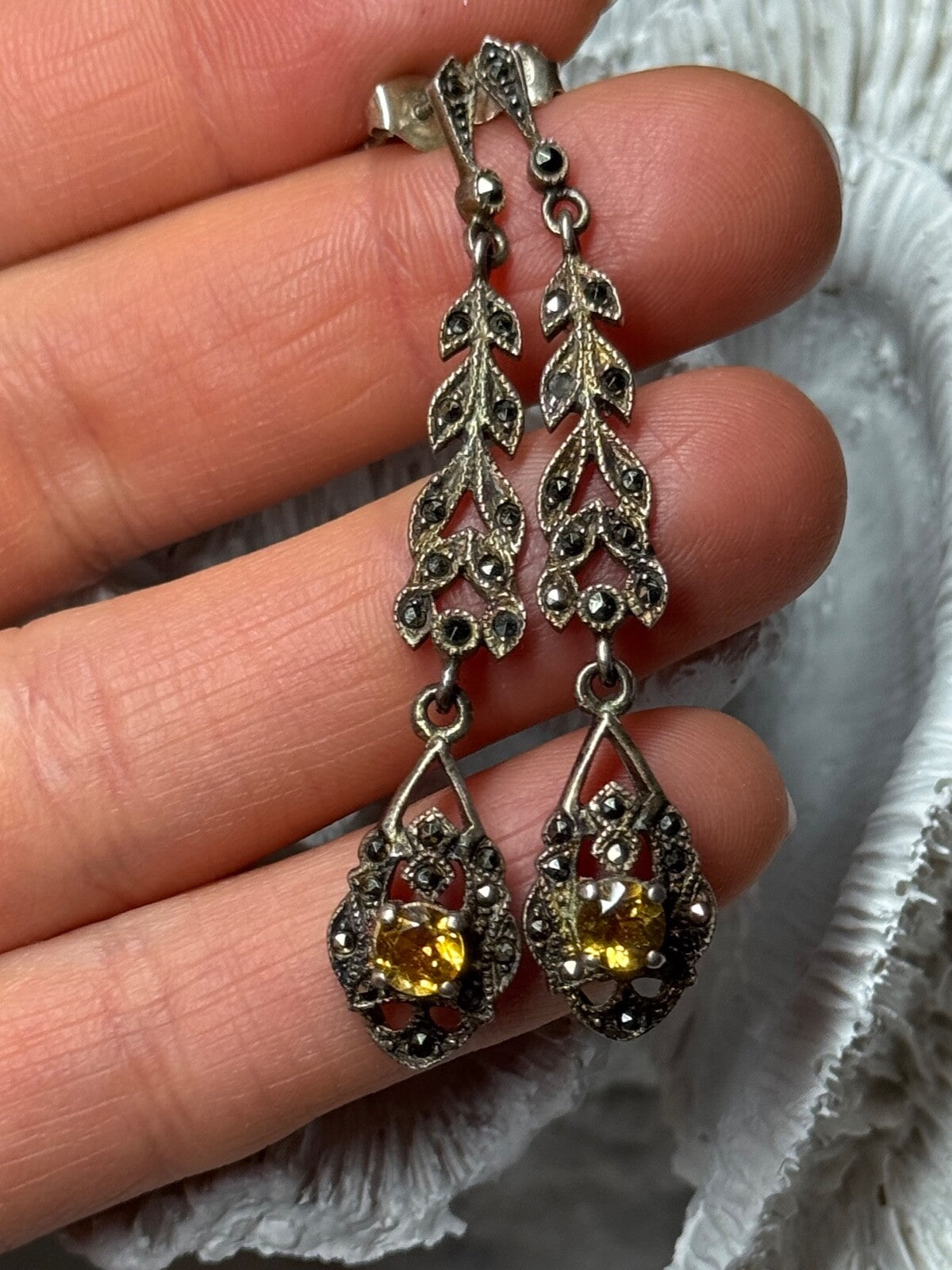925 Sterling Silver Citrine & Marcasite Earrings Length 2.2 Inch