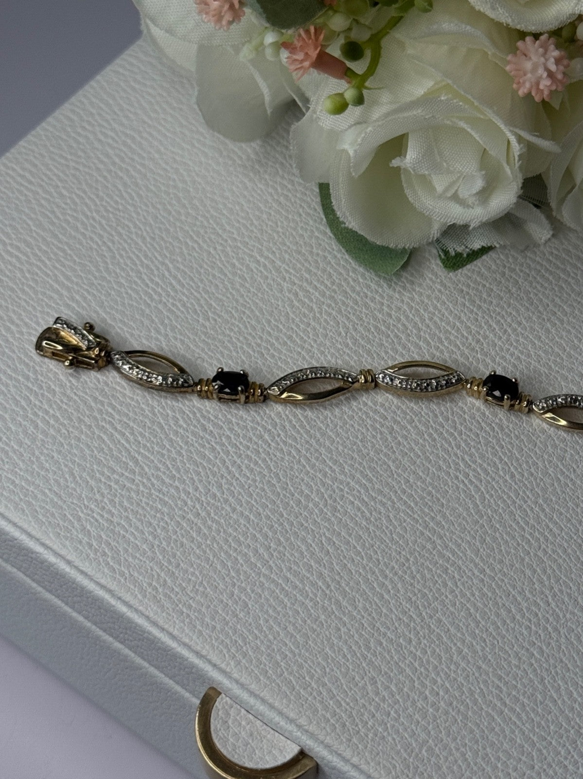 Dl 925 Sterling Silver Gold Plated Sapphire Bracelet Length 7.5 Inch